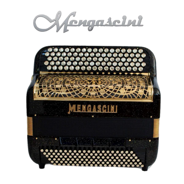 Accordéon chromatique Mengascini F11 cassotto à touche bouton couleur noir pailleté or