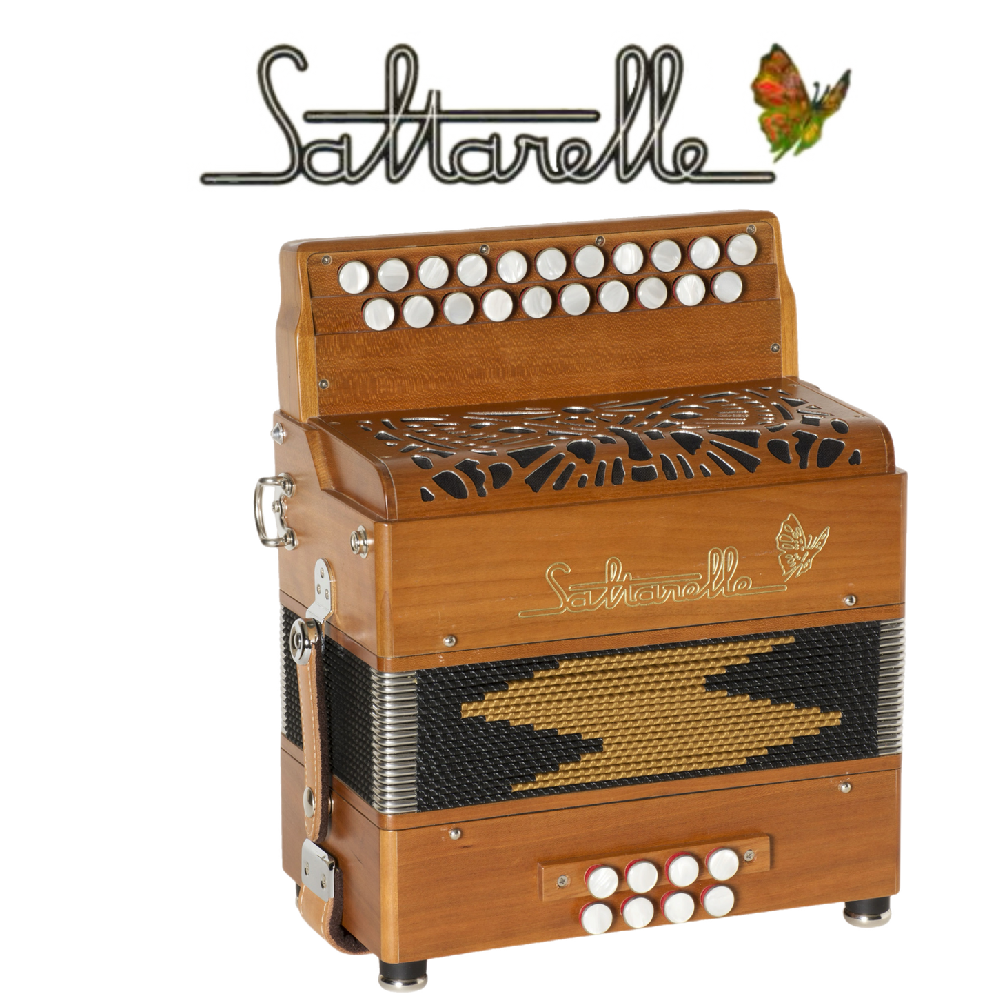 Accordéon Diatonique Saltarelle Elfique en Bois de Cerisier Vu de Face avec Soufflet Fermé