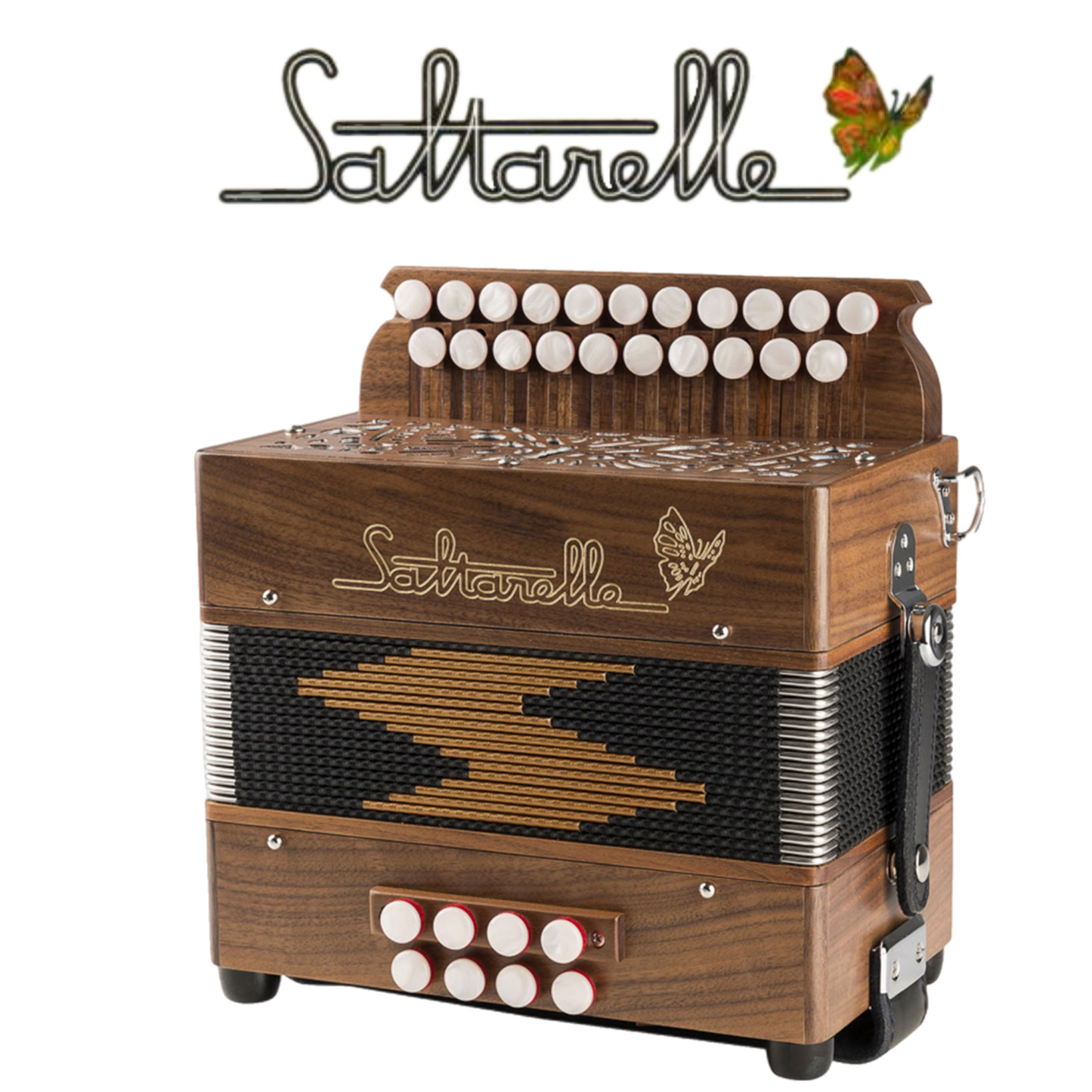 Accordéon Diatonique Saltarelle Epsilon en Bois de NoyerVu de Face avec Soufflet Fermé