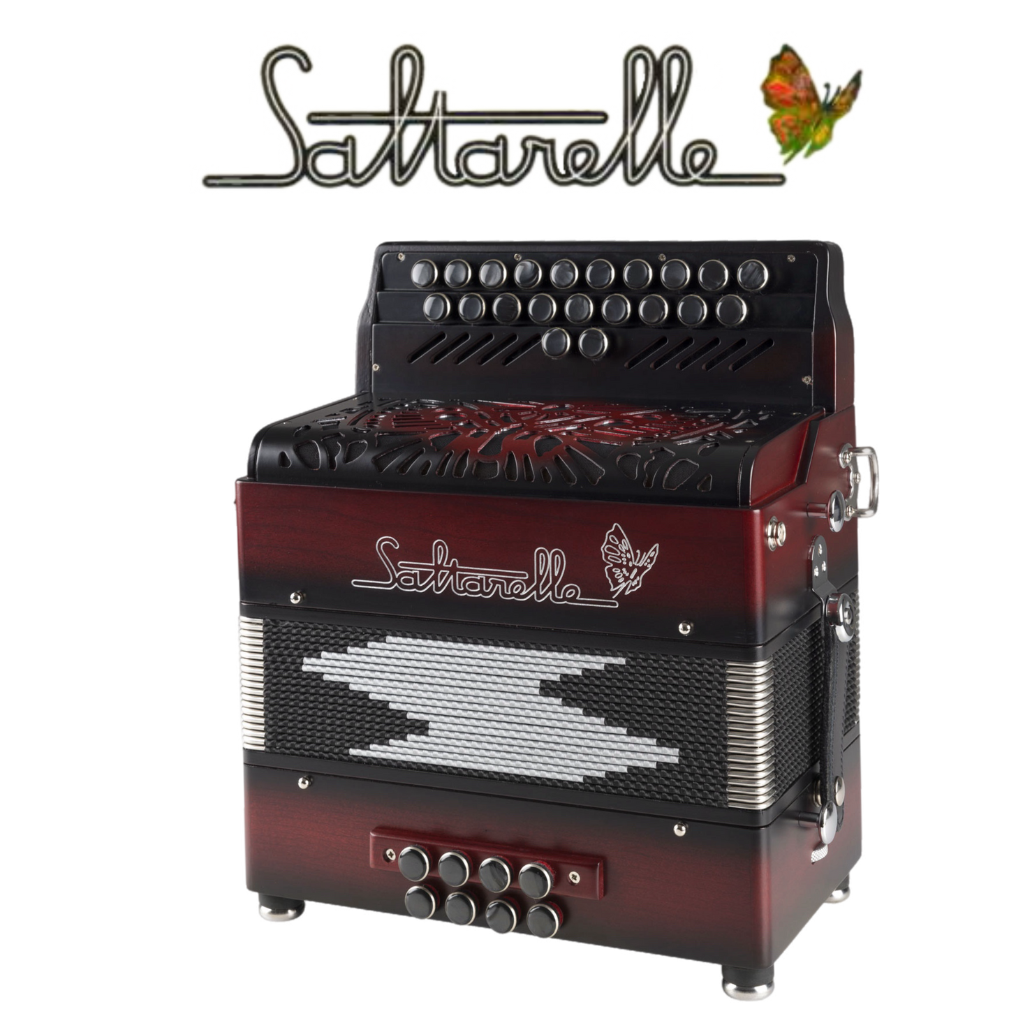 Accordéon Diatonique Saltarelle Inferno en Bois Noir et Rouge Vu de Face avec Soufflet Fermé