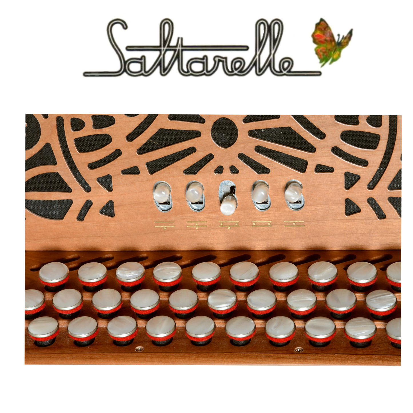 Accordéon Diatonique Saltarelle Iroise en Bois de Cerisier Vu des Registres et Bouton Main Droite