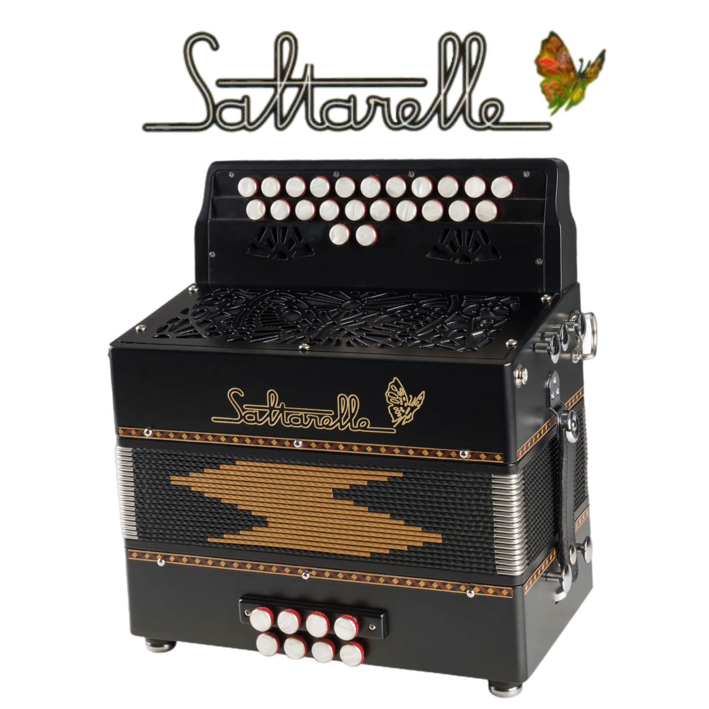 Accordéon Diatonique Saltarelle Loreleï en Bois noir Vu de Face avec Soufflet Fermé