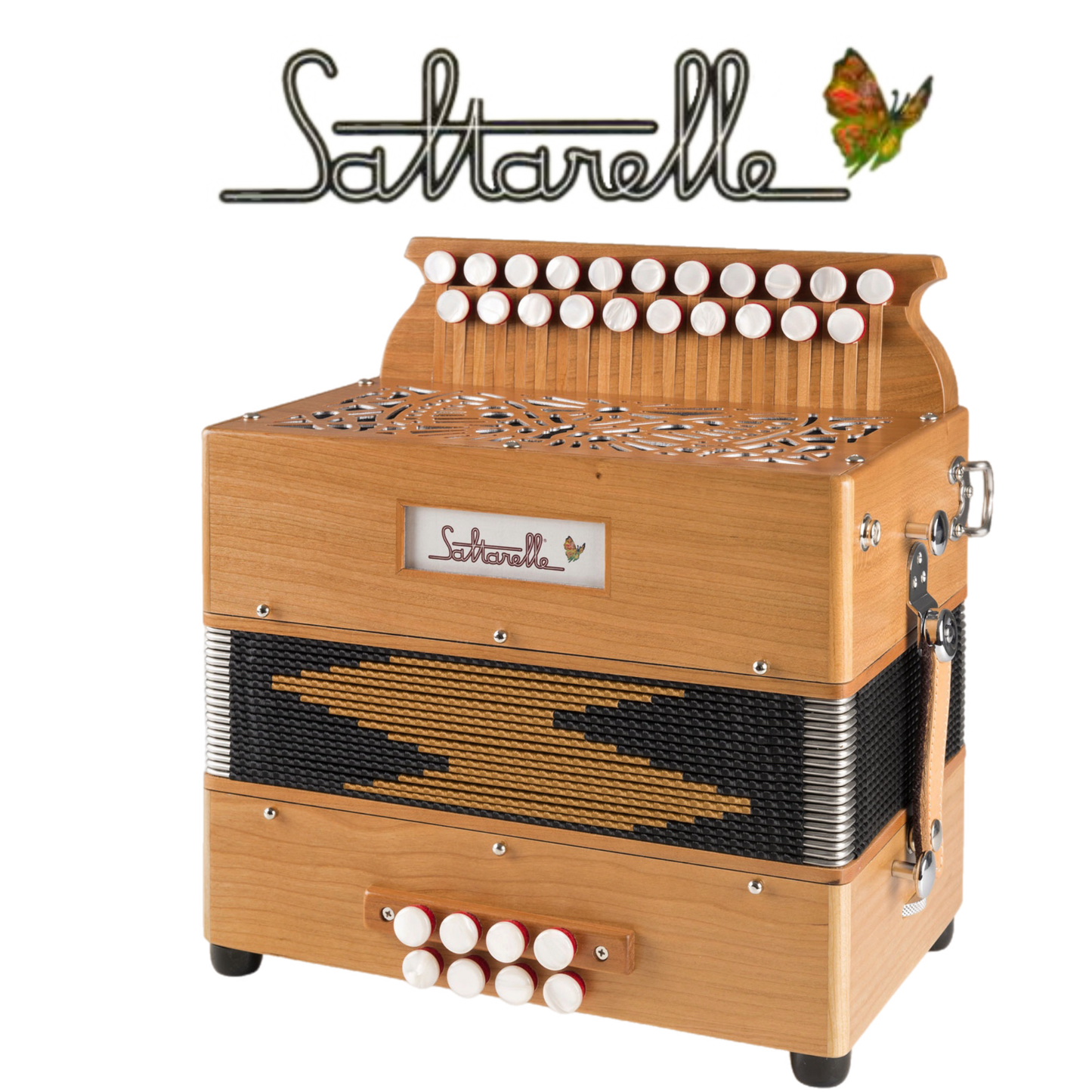 Accordéon Diatonique Saltarelle Marty en Bois de Cerisier Vu de Face avec Soufflet Fermé