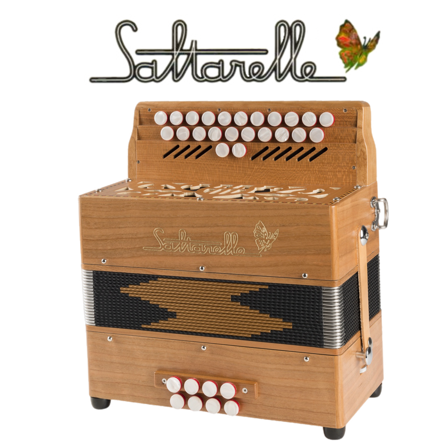 Accordéon Diatonique Saltarelle Parisien en Bois de Cerisier Vu de Face avec Soufflet Fermé