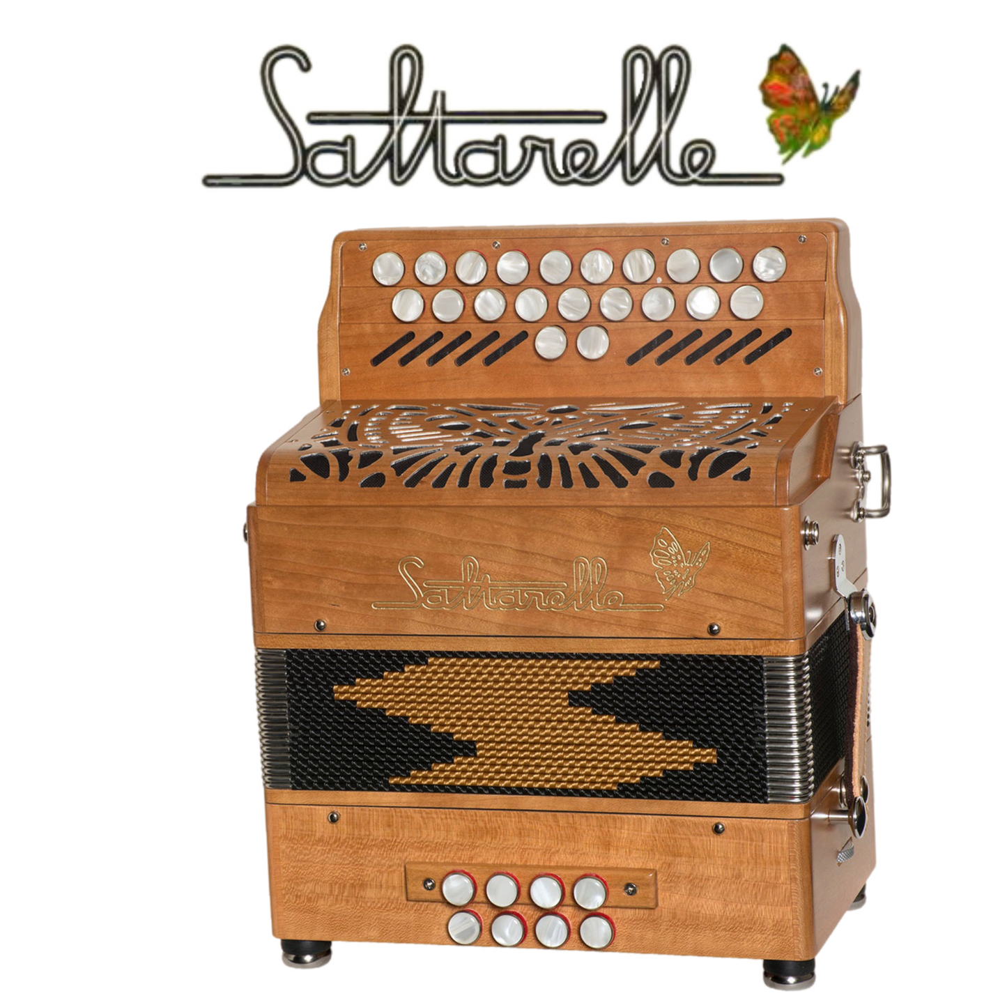 Accordéon Diatonique Saltarelle Selkie en Bois de Cerisier Vu de Face avec Soufflet Fermé