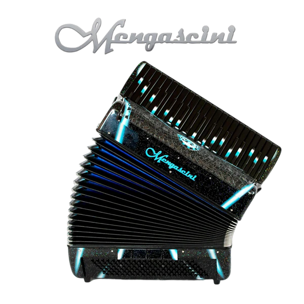 Accordéon chromatique Mengascini Preferita 413 à touche piano couleur noir avec des rayons bleu ciel