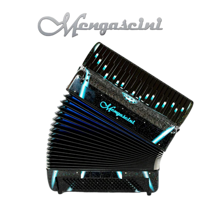 Accordéon chromatique Mengascini Preferita 413 à touche piano couleur noir avec des rayons bleu ciel