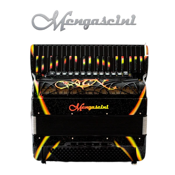 Accordéon chromatique Mengascini Prima IV à touche piano couleur noir et traits jaune 