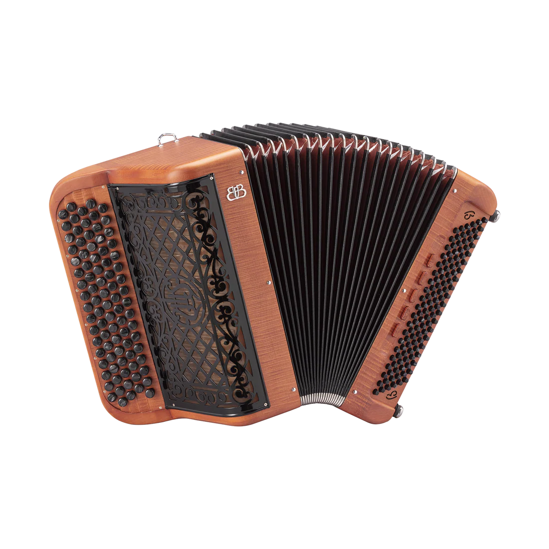 Accordéon Chromatique Ballone Burini Bird en Bois vue de Face avec Soufflet Ouvert