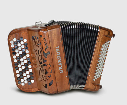 Accordéon Chromatique Brandoni 181W en Bois de Cerisier Vu de Face avec Soufflet Ouvert