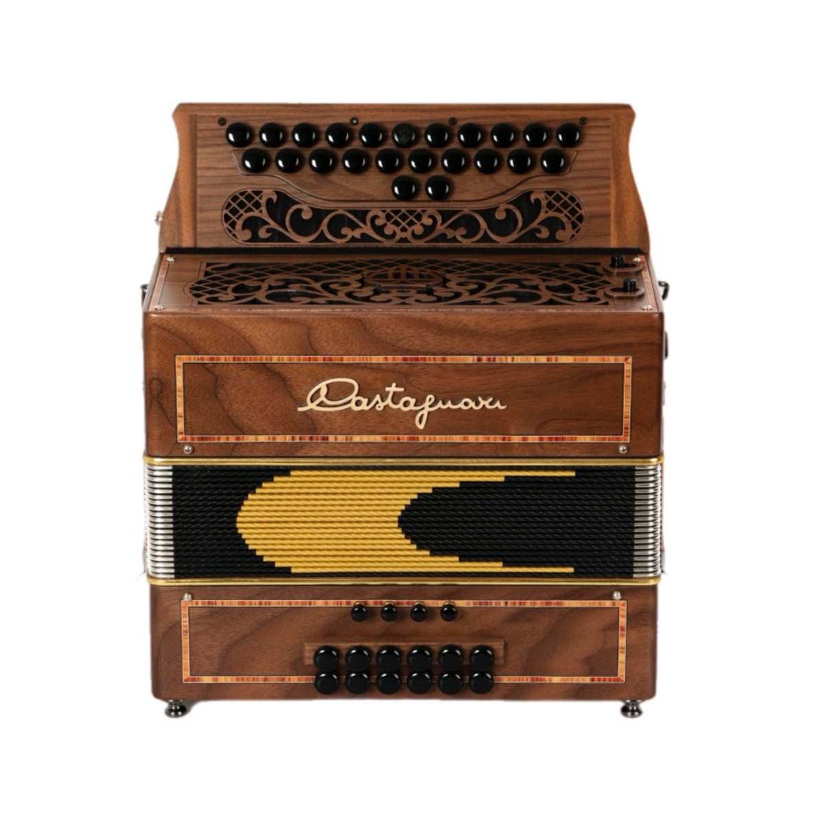 Accordéon Diatonique Castagnari 1914 en Bois de Noyer Vu de Face avec Soufflet Fermé