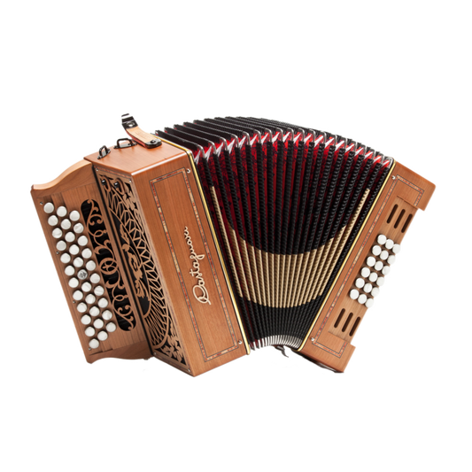 Accordéon Diatonique Castagnari Evo en Bois de Cerisier Vu de Face avec Soufflet Ouvert