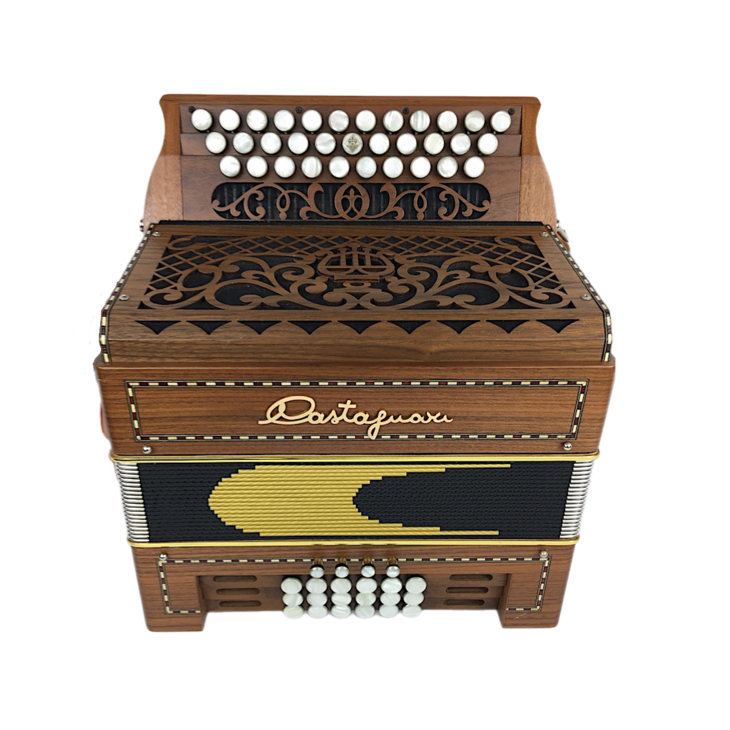 Accordéon Diatonique Castagnari Handry 18 en Bois de Noyer Vu de Face avec Soufflet Fermé