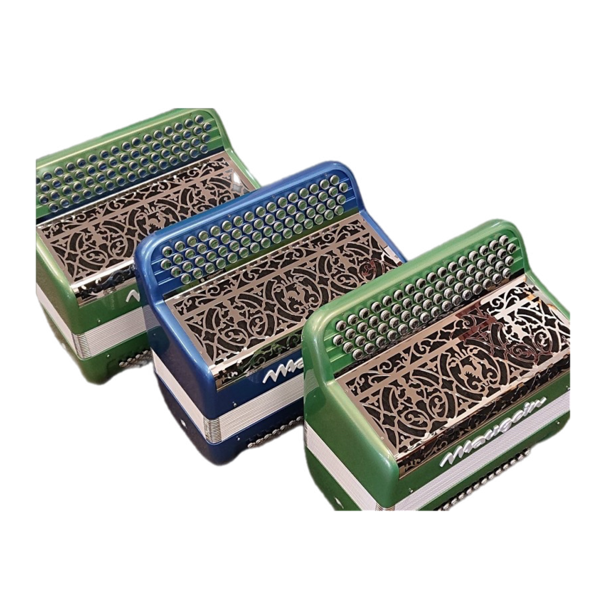 Trois Accordéons Chromatiques Maugein Amusette 80 Verts et Bleu vue du Dessus Avec Soufflet Fermé