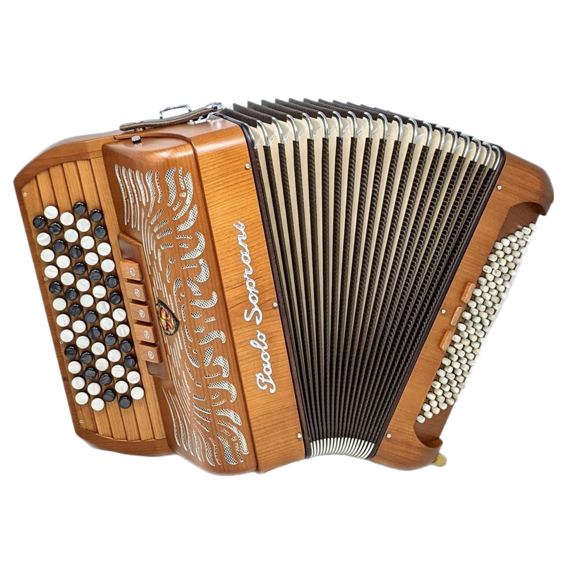 Accordéon Chromatique Paolo Soprani Folk Wood 37 en Bois de Cerisier Vu de Face avec Soufflet Ouvert