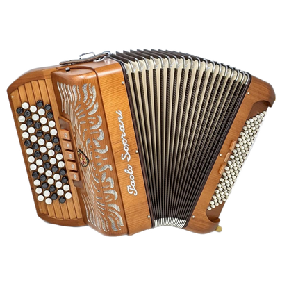Accordéon Chromatique Paolo Soprani Folk Wood 37 en Bois de Cerisier Vu de Face avec Soufflet Ouvert