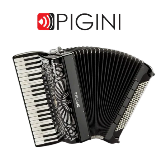 Accordéon Chromatique Pigini P130 à Touches Piano Vue de Face avec Soufflet Ouvert