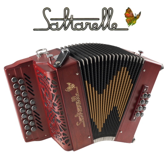 Accordéon Diatonique Saltarelle Elfique 19+2 en Bois de Padouk Vu de Face avec Soufflet Ouvert