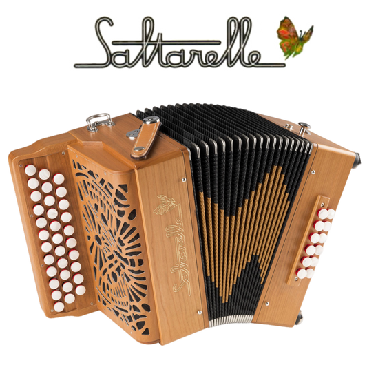 Accordéon Diatonique Saltarelle Etincelle en Bois de Cerisier Vu de Face avec Soufflet Ouvert