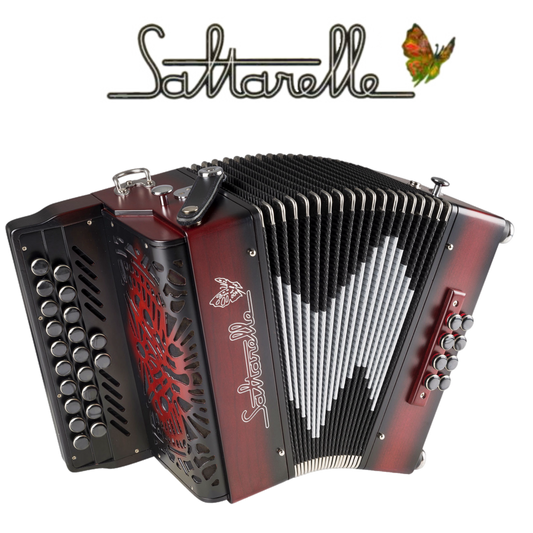 Accordéon Diatonique Saltarelle Inferno en Bois Noir et Rouge Vu de Face avec Soufflet Ouvert