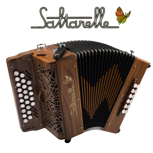 Accordéon Diatonique Saltarelle Le Romané en Bois de Noyer Vu de Face avec Soufflet Ouvert