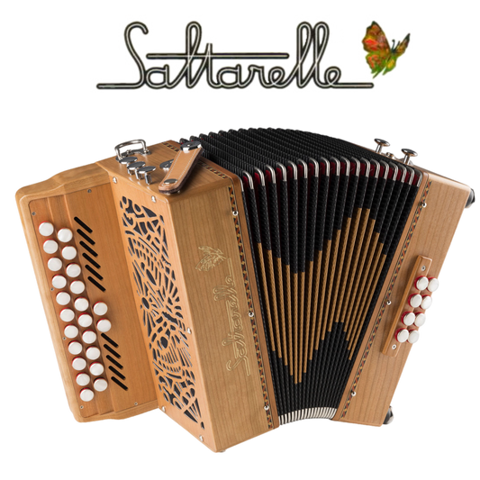 Accordéon Diatonique Saltarelle Loreleï en Bois de Cerisier Vu de Face avec Soufflet Ouvert