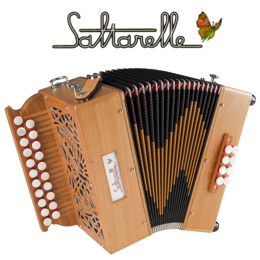 Accordéon Diatonique Saltarelle Marty en Bois de Cerisier Vu de Face avec Soufflet Ouvert