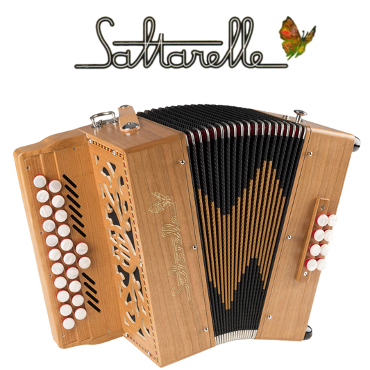Accordéon Diatonique Saltarelle Parisien en Bois de Cerisier Vu de Face avec Soufflet Ouvert
