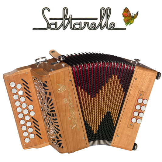 Accordéon Diatonique Saltarelle Selkie en Bois de Cerisier Vu de Face avec Soufflet Ouvert