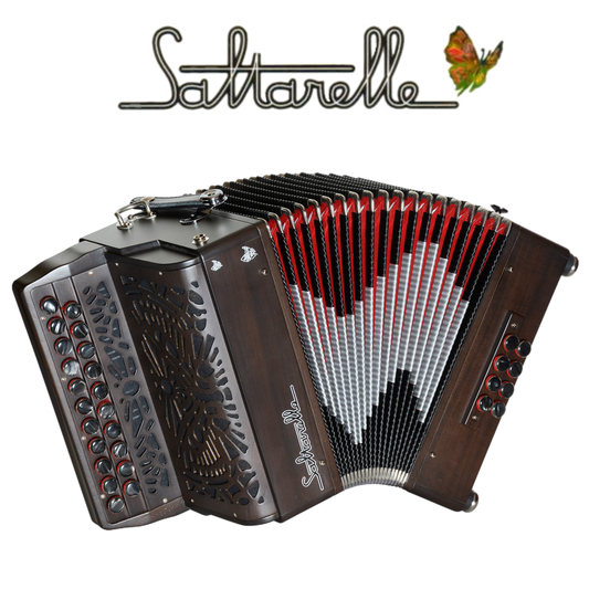 Accordéon Diatonique Saltarelle Téthys en Bois Noir Vu de Face avec Soufflet Ouvert